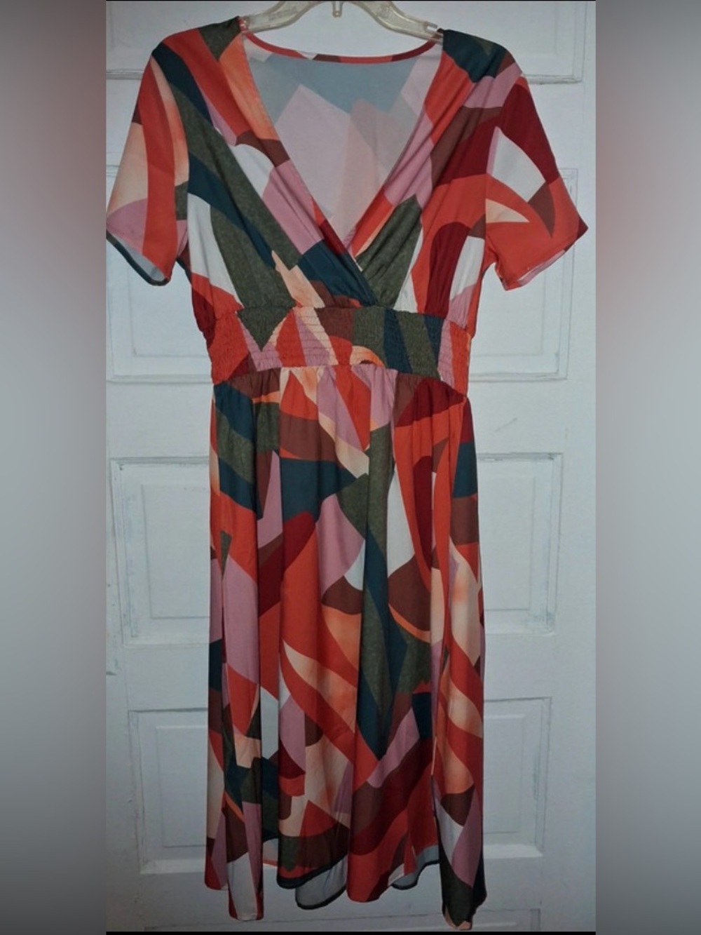 Abstract Print V-Neck Midi Dress - Multi-Color